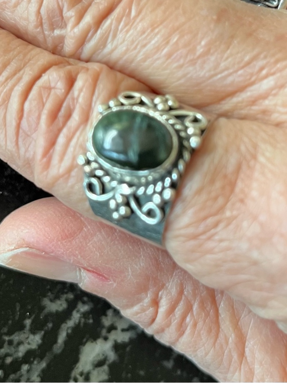 Dark Green Seraphinite Filigree Wide Band 925 Sterling Silver Ring Size 9